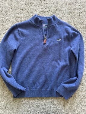 Vineyard Vines boys Blue Quarter-Zip Sweater with Leather Pull